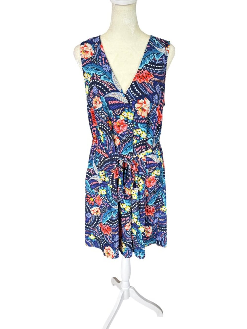 DR2 women's blue mutlicolored floral sleeveless shift dress with tie belt Small
